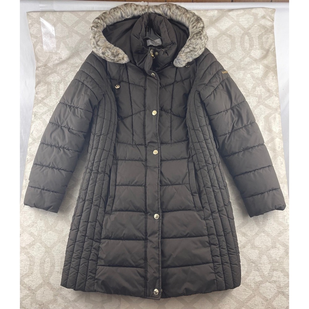 Laundry by‎ Shelli Segal Puffer Coat Faux Fur Women's M Brown Quilted Full Zip